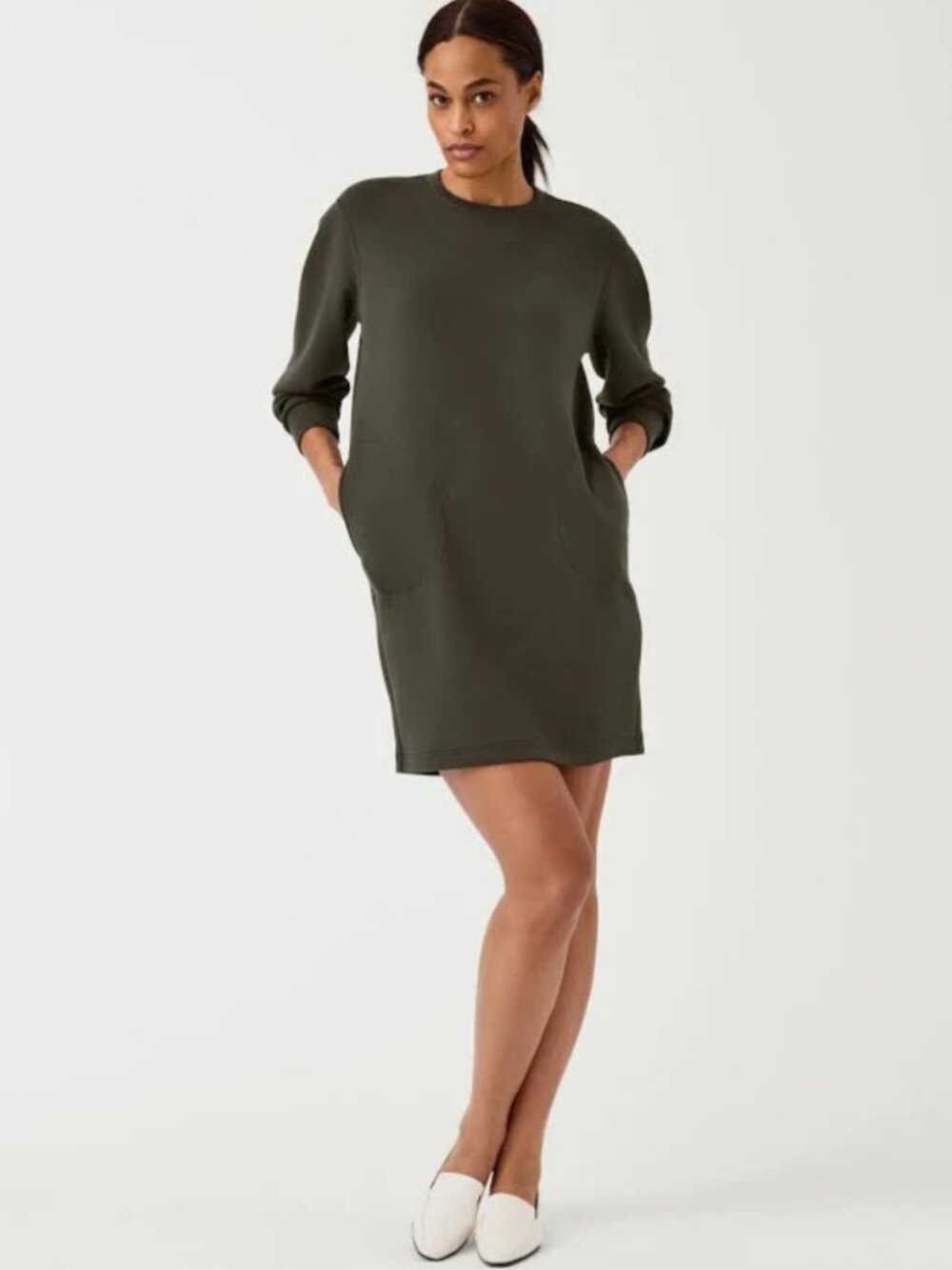 SPANX AirEssentials Crew Neck Long Sleeve Knit Shift Dress in Dark Palm Green XL